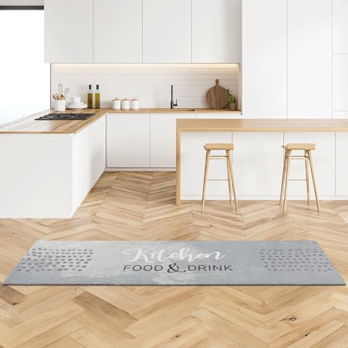 Rutschfeste Sauberlaufmatte innen - Kitchen grau 50 x 150 cm (Rechteckig) | Miabella Türmatte rutschfester Läufer Wohnraum Fußmatte extrem saugfähiger Küchenläufer waschbar bei 30°C Schmutzfangmatte