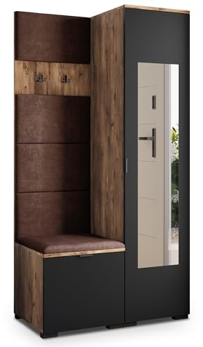 Masseno Flugarderoben Set VIRA, Kleiderschrank-Set mit Spiegel und Sitzbank, Garderobenschrank Flur mit 3 Regalböden, Eiche Lefkas/Schwarz