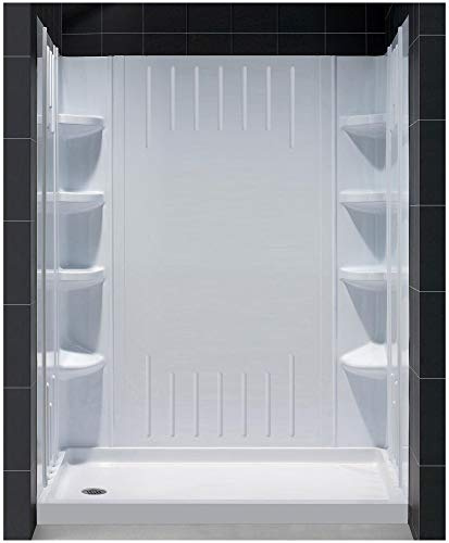 DreamLine 30 in. D x 60 in. W x 75 5/8 in. H Left Drain Acrylic Shower Base and QWALL-3 Backwall Kit In White, DL-6145L-01