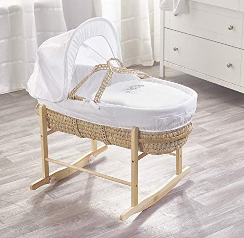 ELEGANT BABY Embroidered Sleepy Owl Palm Moses Basket with Chester Natural Rocking Stand, Adjustable Hood, Fibre Mattress & Padded Liner