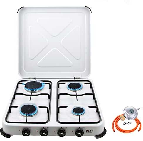 NJ-04 Camping Gas Stove - Portable 4 Burner Gas Cooker LPG Hob with Lid for Outdoor Garden Caravan 5.45 kW (Butane 29mbar Screw-on)