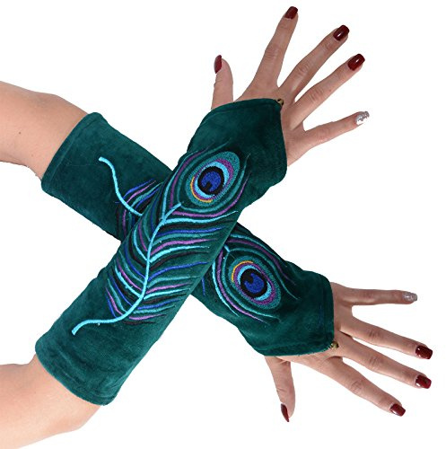 Kunst und Magie Samt Armstulpen Stulpen Handwärmer 'Pfauenfeder' Handschuhe