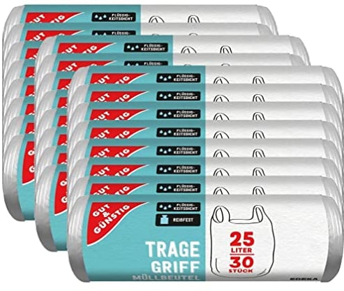 Gut & Günstig 24 Müllbeutel mit Tragegriff, 25 Liter, 30 Stück pro Rolle, Reißfest und flüssigkeitsbeständig, Produkt und Verpackung recyclebar