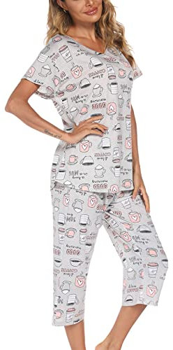 ENJOYNIGHT Pyjama court, pour femme, doté de deux pièces : haut à manches courtes et pantalon 3/4 long, de taille S à 3XL, Tasse grise, M