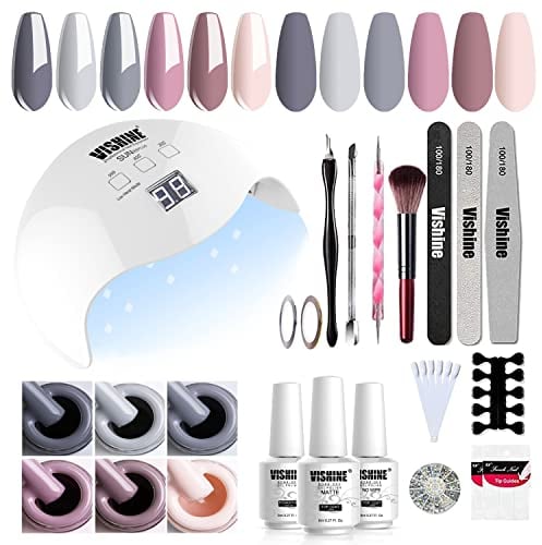 Vishine Set mit 40 W UV LED-Lampe, semi-permanent, 6 Stück Soak-Off Gel-Nagellack, Base Gel, Top Coat, Pinsel, Strass. Deko, Nail Art, Maniküre-Set