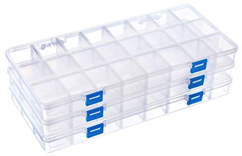 BENECREAT 3 Pack 33x16x3cm 24 Grids Plastic Storage Container Jewellery Box with Adjustable Dividers Large Clear Plastic Bead Storage Box(Compartment: 4x3.8x3cm)