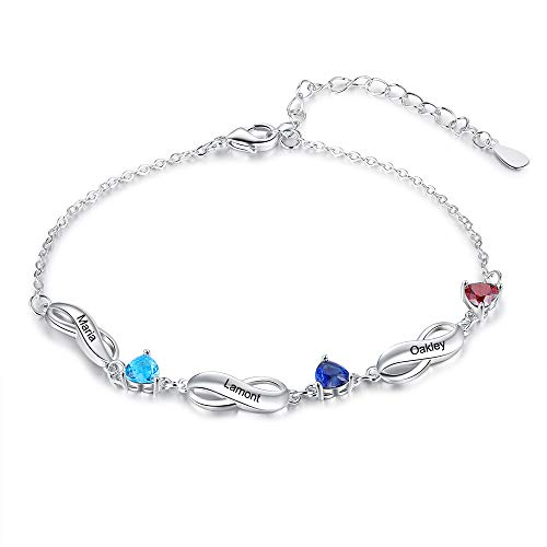 ALBERTBAND Armbänder Personalisiertes Silber Infinity Armband mit 1-7 Namen und Charms Simulierte Geburtssteine Verstellbare Armbänder für Frauen Mädchen (3 names)