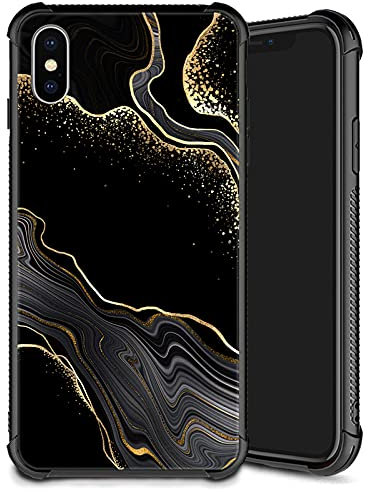 Yuning419 Plexiglass Case for iPhone X/Xs, Black Gold Marble Pattern, Shockproof Anti-Scratch