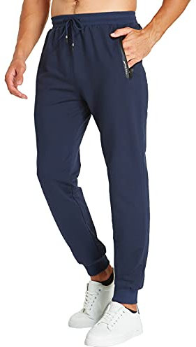 JustSun Jogginghose Herren Trainingshose Männer Sporthose Herren Lang Baumwolle Fitness freizeithose Herren Reissverschluss Taschen Blau M