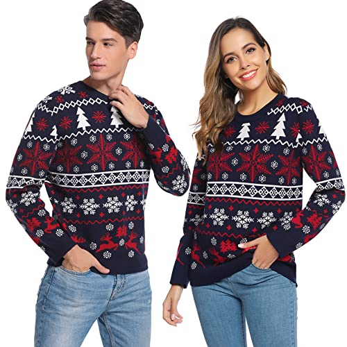 Litherday Pull de Noël Famille Unisexe Sweater Tricot à Col Rond avec Renne Flocon de Neige Arbre de Noël Imprimé Pull Manche Longue Hiver Sweat-Shirt,Noir Homme,XL