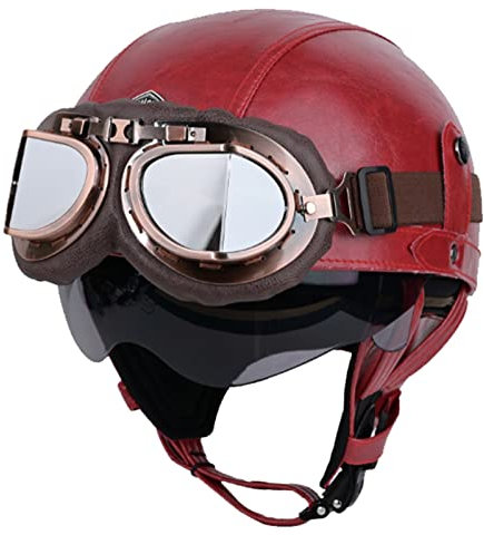 LHBM Retro Motorrad Lederhelme mit Brille,Retro Style Halbhelm Moped Halbschale Jet-Helm,Bequem und atmungsaktiv DOT/ECE Zertifiziert Motorradhelm für Damen Herren Jugend M,S=55-56cm