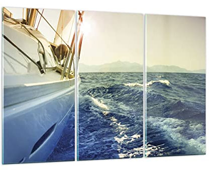 Mehrteilige Bilder auf Glas 165x110cm Glasbild Yacht Segelboot Sonne Groß XXL Wanddeko Schlafzimmer Küche Set 3 teilige Wandbilder Dekoration Wohnzimmer Modern Wand Kunstdruck Art GCE165x110-4138