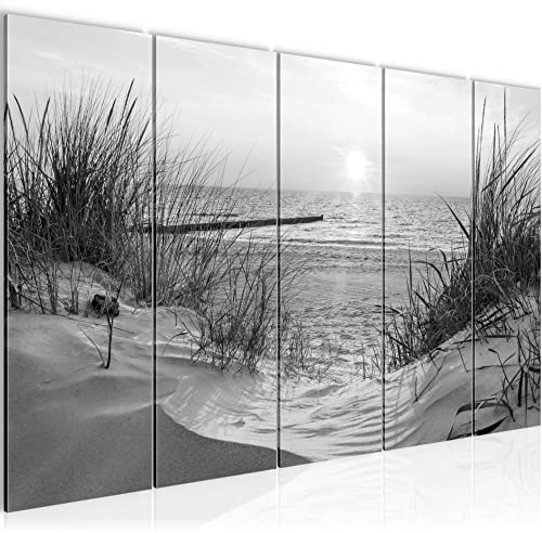 Runa Art Wandbild XXL Strand Sonnenuntergang Schlafzimmer Wohnzimmer 200 x 80 cm Schwarz Weiss 5 Teilig - Made in Germany - 041755c