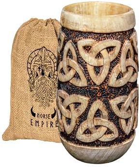 NORSE EMPIRE Holzbecher mit keltischem Knoten, 340 ml, mit Hand, Brandmalerei, Holz, Wikinger-Stil, Trinkgefäß im Wikinger-Stil, Bierkrug aus Holz, Geschenk für Herren