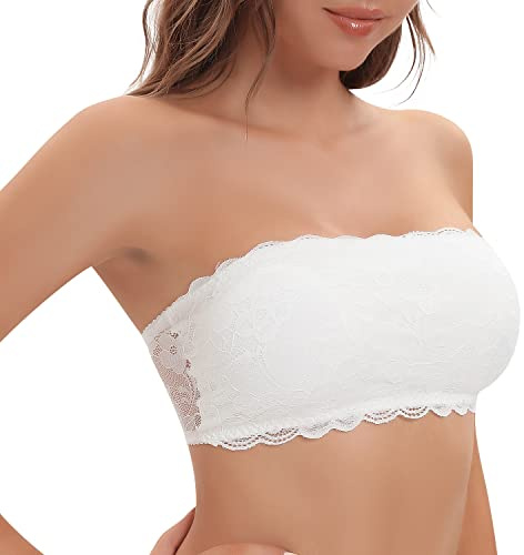 Cavotor Lace Strapless Bra for Women Wireless Bandeau Bra Seamless Padded Bralette Tube Top Sexy Stretchy Comfortable Bras with Clear Invisible Straps