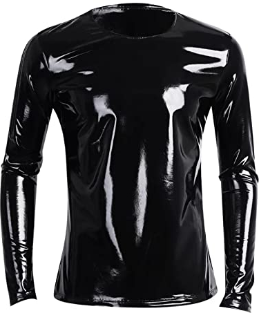 KAMEIMEI Herren Lackleder Langarmshirt Schwarz Extra Large U-Ausschnitt V-Ausschnitt Pullover Skateboard Abendmode