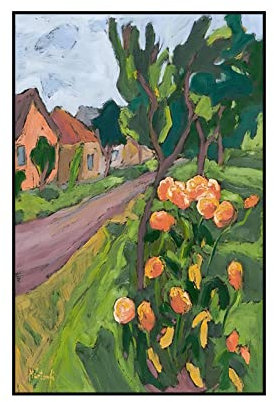 LCDIUDIU Ölbilder Auf Leinwand Handgemalt, Retro Grüne Textur Bäume Tulpenblumen Landhaus Abstraktes Kunstwerk Rahmenlose Handgemalte Ölgemälde Auf Leinwand Wandkunst Für Wohnzimmer Schlafzimmer Büro
