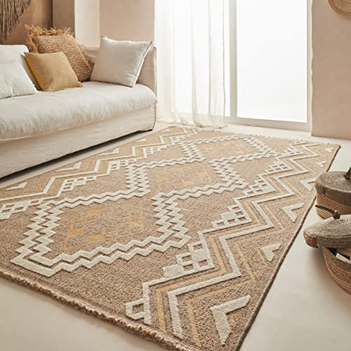 Nazar Tapis, Tapis Salon Nature Aspect Jute Chiné Motif Moderne Style Boho, Tapis pour Salon, Chambre, Terrasse, Exterieur, Couleur Naturelle (9054 Jaune, 60x90 cm)