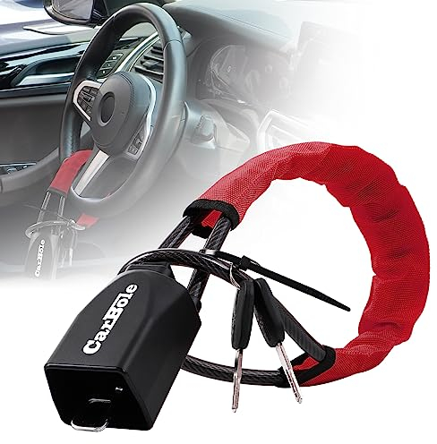 CarBole Antirrobo Coche Volante,Bloqueo de Volante Coche con 2 llaves,Cerradura Del Volante Antirrobo,Se Puede Bloquear el Volante y la Hebilla del Cinturón de Seguridad al Mismo Tiempo (Rojo)