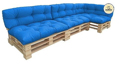 chilly pilley Palettenauflage UV-beständig Palettenkissen Schaumflocken Palettenpolster Palettenmöbel Palettensofa Rückenlehne Sitzkissen Seitenkissen Set viele Größen und Farben 7er Set Blau