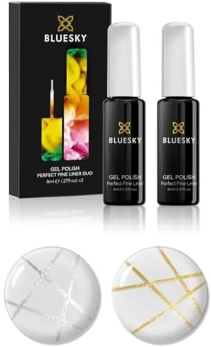 Bluesky Fine Line Nail Art Gel Duo, Gold and Silver - GP13S, GP14S | Two liner brushes thin enough to draw crisp stripes and tips freehand, cured in 60 seconds under a lamp.