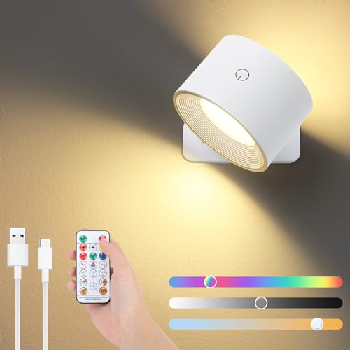 Lampop Wandleuchte Innen Akku LED Wandleuchte Kabellos Dimmbar Wandlampe Ohne Stromanschluss mit Fernbedienung 360° Drehbar Wandlampe Touch Steuerung Einstellbare Helligkeit und Farbe RGB Weiß