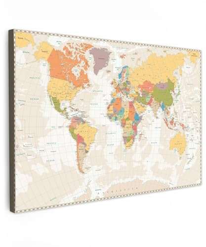 MuchoWow© Wandbilder Groß 120x80 cm XXL Wohnzimmer Wanddeko Schlafzimmer Zimmerdeko Fotowand Zimmer Deko Wand Dekoration Wall Art Bild Weltkarte Leinwand - Landkarte Welt - Retro - Farben - Atlas