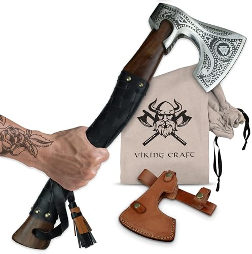 VIKING CRAFT® Wikinger Axt 50cm - Handgefertigte Deko Mit Gravur und Lederschutz - Ideale Mittelalter Deko, Geschenke für Männer und Frauen, Vikings Fanartikel, LARP Beil