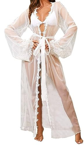 ROSVAJFY Womens Lace Mesh Kimono Robe Lingerie, Sexy Sheer Tulle Dressing Gown, Belted Long Bikini Cardigan, See Through Beach Coverups Swimsuit Babydoll Nightgown Nightdress (White(Style 2))