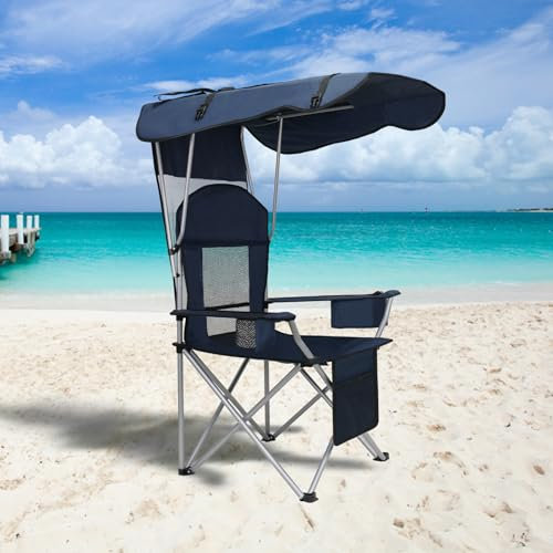 PLKO Camping Chairs with Canopy, Portable Quad Lawn Chair for Adults, Folding Recliner Chair with Cup Holder Outdoor Events and Shade- Support 330 LBS,Blue