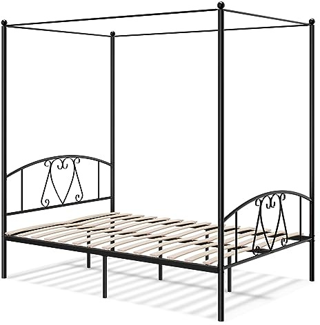 COSTWAY Double Canopy Bed Frame, Metal Platform Bed Base with Headboard, Footboard & 31cm Underbed Storage, Wooden Slat Support Mattress Foundation, No Box Spring Needed (Black)