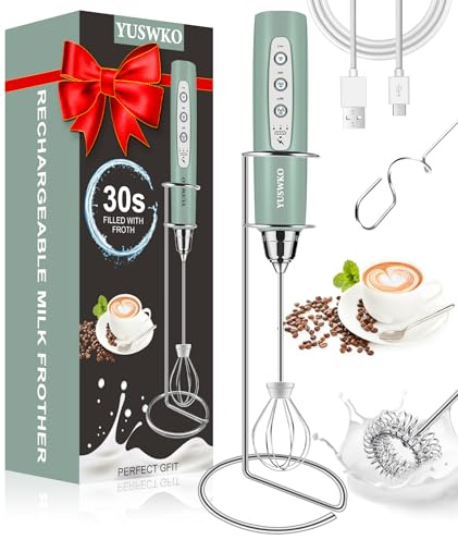 YUSWKO Handheld Milk Frother Wand for Coffee, Rechargeable Electric Whisk with 3 Heads 3 Speeds Drink Mixer Coffee Frother For Latte, Cappuccino, Hot Chocolate, Egg, Granite with Holder