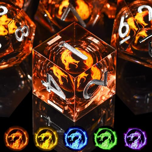 SIQUK 7 Stück DND Würfel Set Würfel Spielwürfel Liquid Core Würfel Polyedrische Würfel Set mit Geschenkbox für Dungeons and Dragons RPG MTG (Golden Flamme Drache)