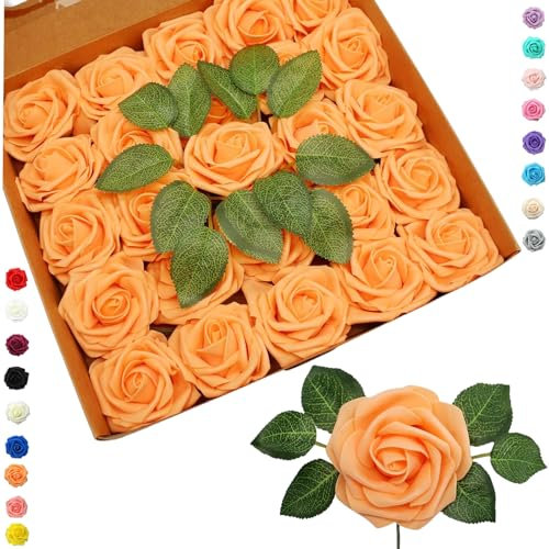 COSORO 25 pièces Fleurs Artificielles Roses Artificielles Orange,Mousse Faux Roses avec Tiges Décoration Florale pour Anniversaire Mariage Gâteau Fête Jardin Artisanat Douche Nuptiale Saint Valentin