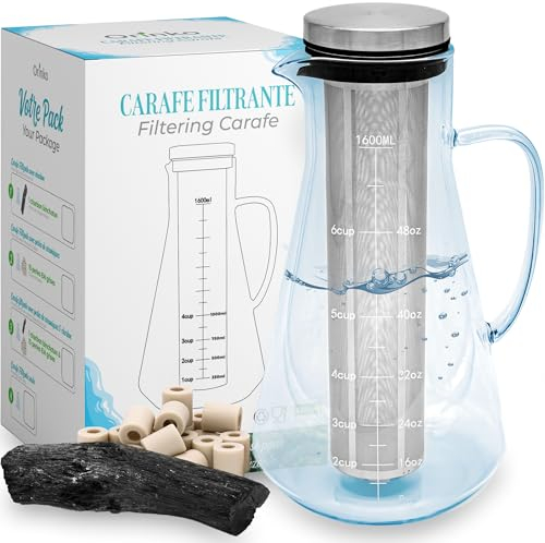 ORINKO Wasserreinigungsset – Binchotan Aktivkohlefilter Wasser 40 g & 15 EM-Keramikperlen mit 1,6 L Glaskaraffe – Natürliche Wasserfiltration