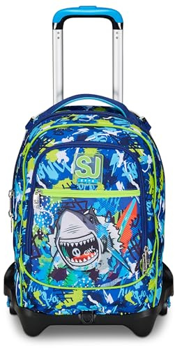 SJ GANG STYLE JAM GANG Trolley Scuola Jack 3 Ruote, Blu, SharkStory, 3 in 1, Triplo Uso, Zaino Con Carrello Sganciabile, Tasca Porta Borraccia e Crossover System, Zaino Scuola Viaggio, Bambino Ragazzo