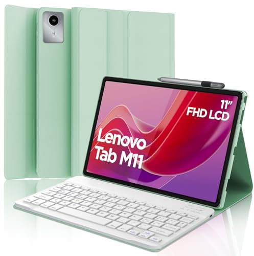 SENGBIRCH Custodia Tastiera Lenovo Tab M11 11, Cover con Tastiera per Lenovo Tab M11 2024, Tastiera Bluetooth-5.0 Wireless Tablet, Smart Cover con Pen Holder Supporta Auto Wake/Sleep, Verde Chiaro