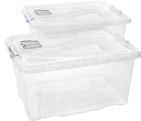 Scatola portaoggetti con coperchio, grande, set da 2 60 l, 61 cm x 45 cm x 30 cm, scatole di plastica trasparenti per ufficio, cucina e garage, impilabili, durevoli, senza BPA, facile da pulire,