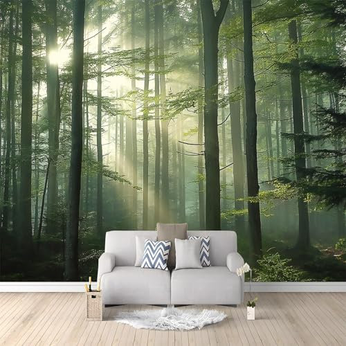 Papier Peint Photo Forêt Brumeuse Vert 300x210 cm Papier Peint Panoramique Papier Peint intissé Murale Pour Chambre De Fille, Garçon, Chambre De Bébé Salon Chambre Décor