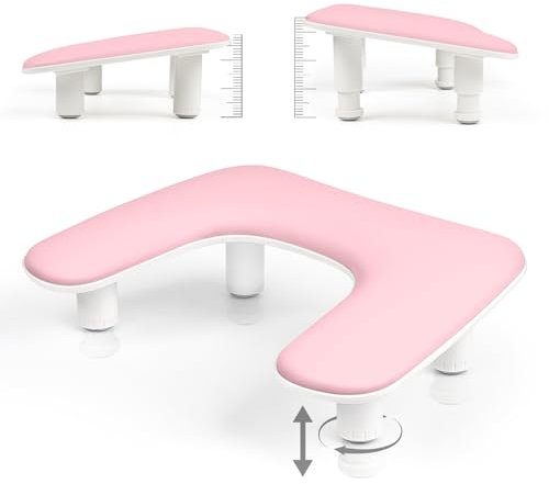 Arm Rest for Nails Tech,Height-Adjustable U Shaped Manicure Nail Arm Rest,Big Microfiber PU Leather Hand Rest for Nails Tech, Professional Salon Manicure Arm Rest Cushion(White) (Pink)