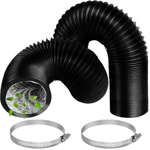 4inch x 10ft (2M) Air Ducting Tumble Dryer Vent Hose 100mm Black PVC Aluminium Foil Flexible Air Ducting Hose with 2 Clamps Suitable for Air Conditioner Bathroom Extractor Fan (2 Metre)