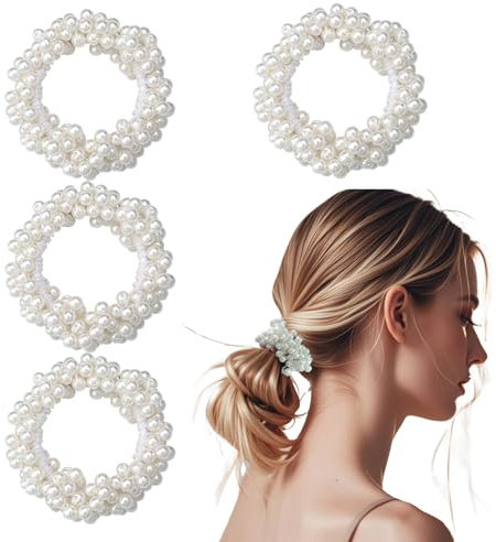 CXNXFD 4 Weiße Elegante Perlen Haargummi für Frauen mit Einfachen Temperament Haargummi mit Elastischen Gummiband Gebunden Haar Kreis Gebunden Pferdeschwanz Kopfschmuck
