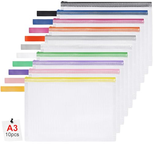 OFFCUP Dokumententasche A3, 10 Stück A3 Datei Taschen mit Reißverschluss, Wasserdichte Mesh Kunststoff Reißverschlusstasche für Datei, Papier, Dokumente, Kosmetika, Hausaufgaben und Reisezubehör