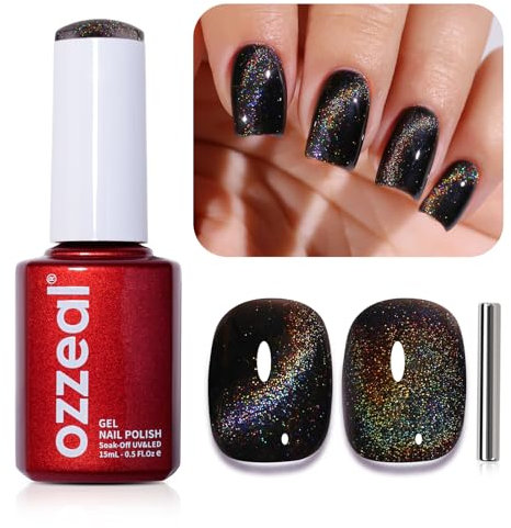 Ozzeal Cat Eye UV Gel Nagellack, 15ML Schwarzer Regenbogen Magnetischer Katzenauge UV Nagellack Frühling Sommer Glitter Holographisch Shimmer Soak Off UV Led