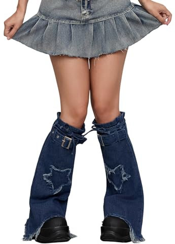 Fexofao Denim Leg Warmers Women &Girls Y2k Harajuku Gothic Leg Warmer, Punk Kawaii Warm Socks with Buckle (Blue, One Size)