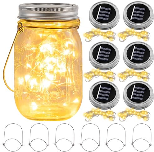 6 Stück Solarlampen für Außen, 30 Warmweiß LED Lampen Silber Wire Fairy Deckel Licht Solar Deckel, Sonnenglas Original für Garten Baum Balkon Deko, Einmachgläser Nicht Enthalten
