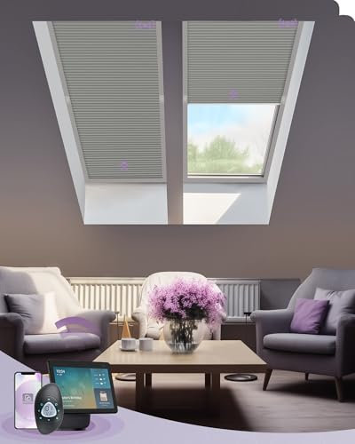 Graywind Smart Skylight Blinds for Roof Window, Custom Motorized Blackout Cellular Pleated Shades Compatible with Alexa Google, Thermal Electric Honeycomb Window Blinds, Grey