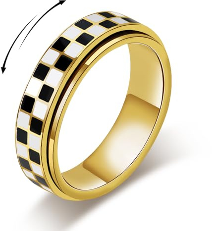 Checkered Fidget Ring for Adults - 18K Gold Plated Stainless Steel Rotating Spinner Jewelry, Anxiety & Stress Relief Gift for Women/Men (Black and White Pattern) (Checkerboard Ring_Gold, size 8)