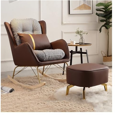 QUSYZD Schaukelsessel mit Fußhocker, Mid-Century-Schaukelstuhl mit Lendenkissen, Schaukelstuhl aus künstlichem PU-Leder, bequemer Sessel, Braun, Einheitsgröße,Brown-One Size