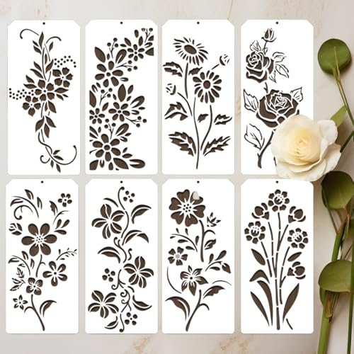 JiaaOne 8Pcs Flower Stencils for Painting - 8.6x4.1 Stencils for Crafts Reusable, DIY Art Templates on Paper, Walls, Fabric, Wood & Furniture (22x10.5cm, 8 Floral Patterns)